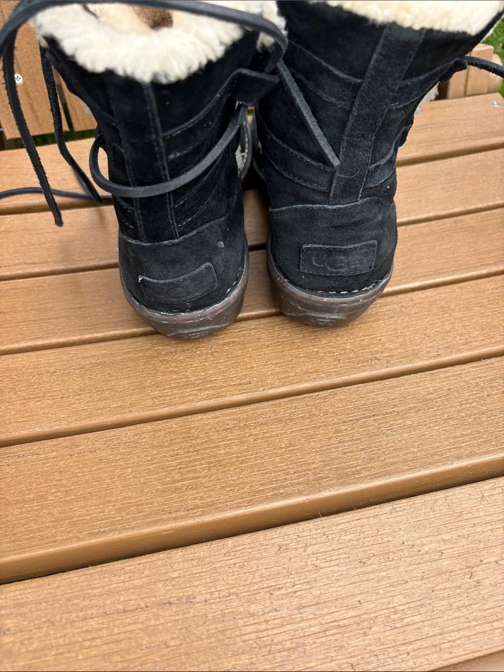 UGG Black Suede Shearling Cuff Lace-Up Ankle Boots